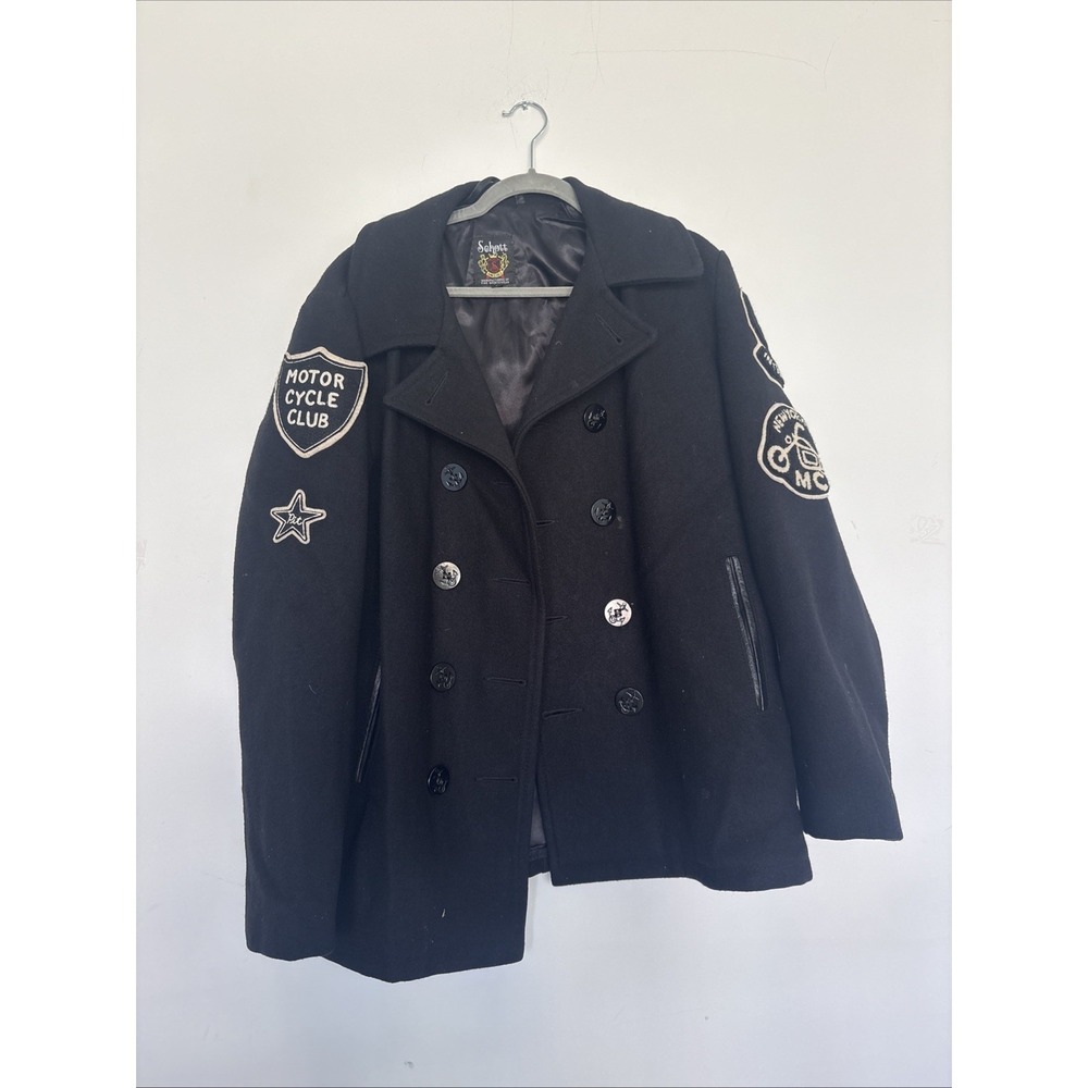 Schott Wool Nylon Sleeve Patch Design Pea Coat Black Size L